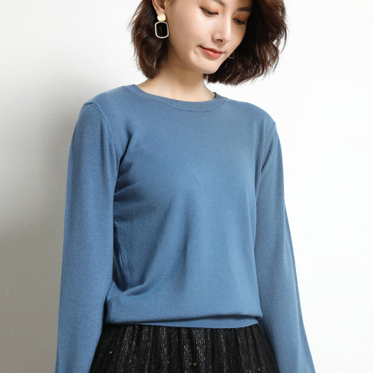 Women Simple Casual Solid Color Round Neck Long Sleeve Knitted Sweater