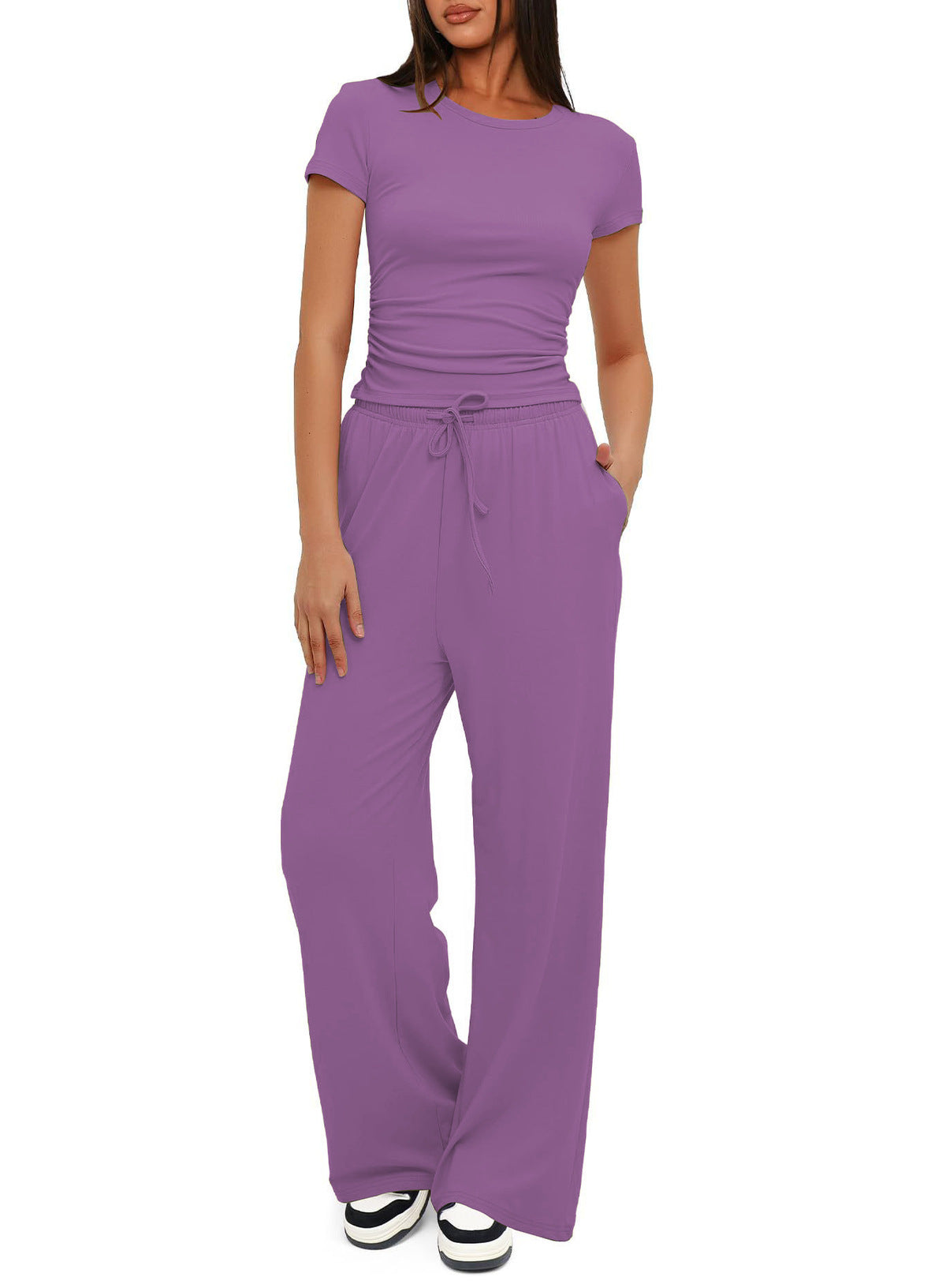 Conjunto de dos piezas formado por camiseta y pantalón de pierna ancha, cintura alta, color liso, informal, sencillo, para mujer