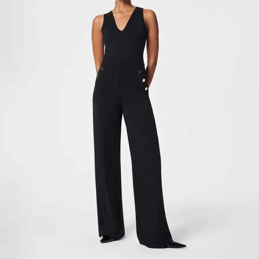 Women Fashion Casual High Waist Button Wide Leg Slim Fit Pants