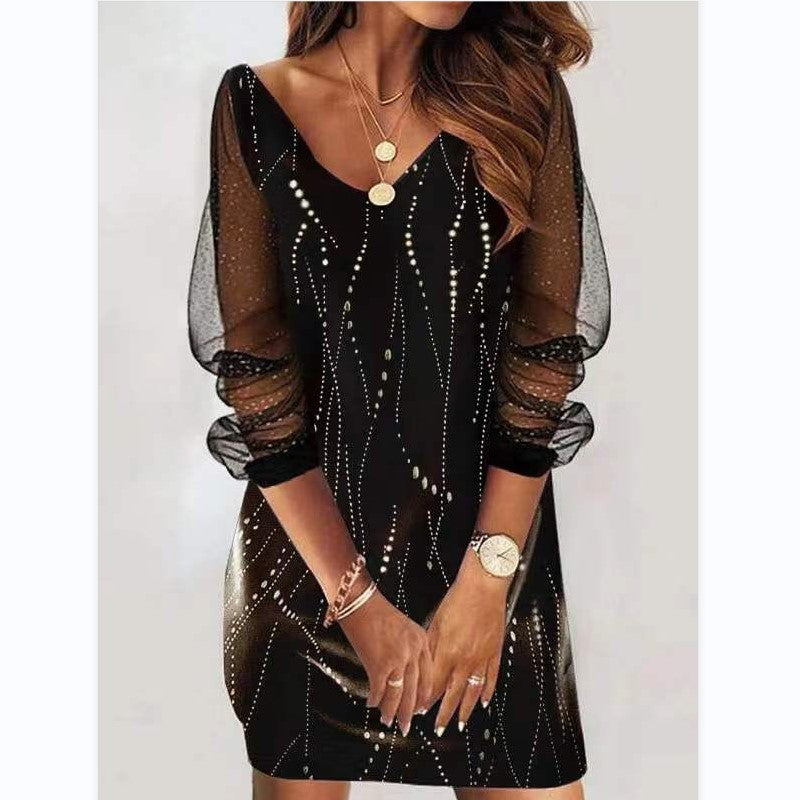 Casual Plus Size Women Sequined See-Through Mesh Long Sleeve Casual Dress