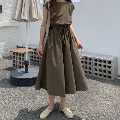 Women Fashion Minimalist Casual Solid Color Round Neck Short-Sleeve Drawstring Dress
