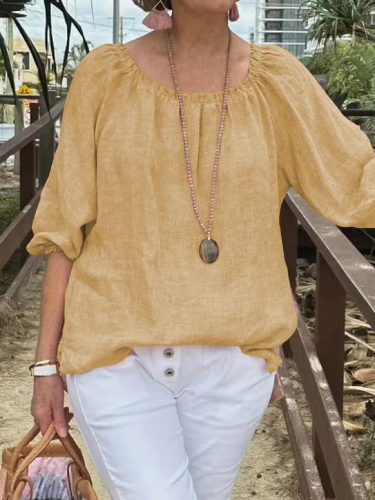 Women Casual Solid Color Round Neck Cotton Linen Plus Size Top