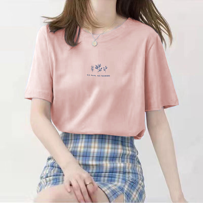 Camiseta informal de verano para mujer con estampado de plantas, cuello redondo y manga corta
