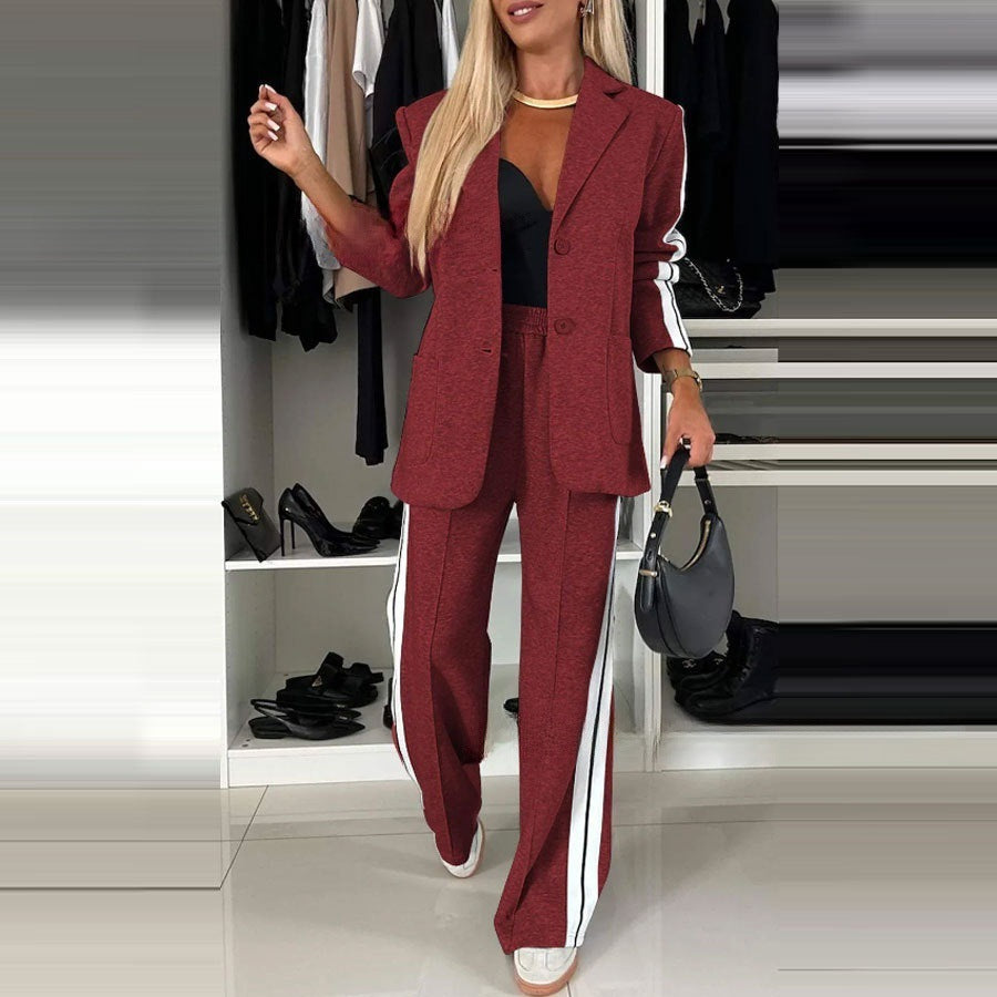 Conjunto de dos piezas de blazer, abrigo y pantalones de manga larga con solapa informal para mujer