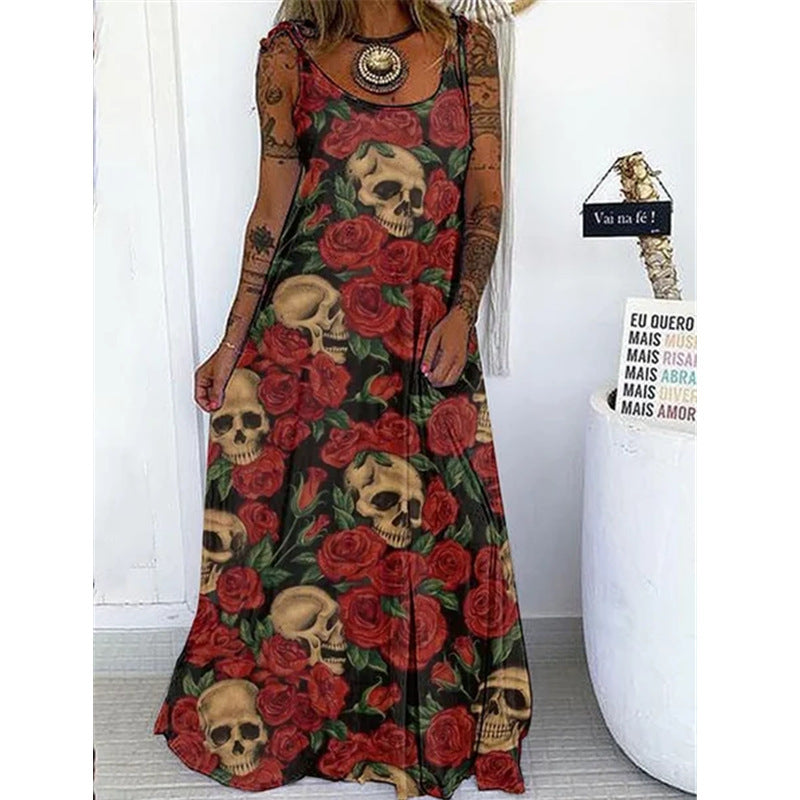 Casual Boho Stlye Women Halloween Skull Print Loose Maxi Dress