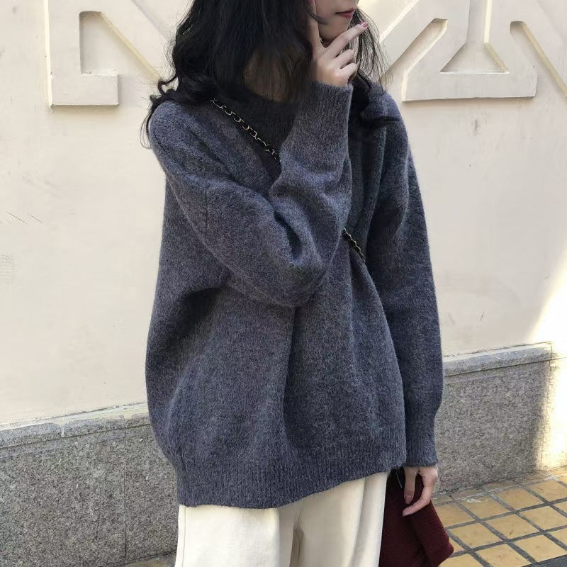 Prendas de punto de manga larga con cuello redondo, color liso, sueltas e informales para mujer