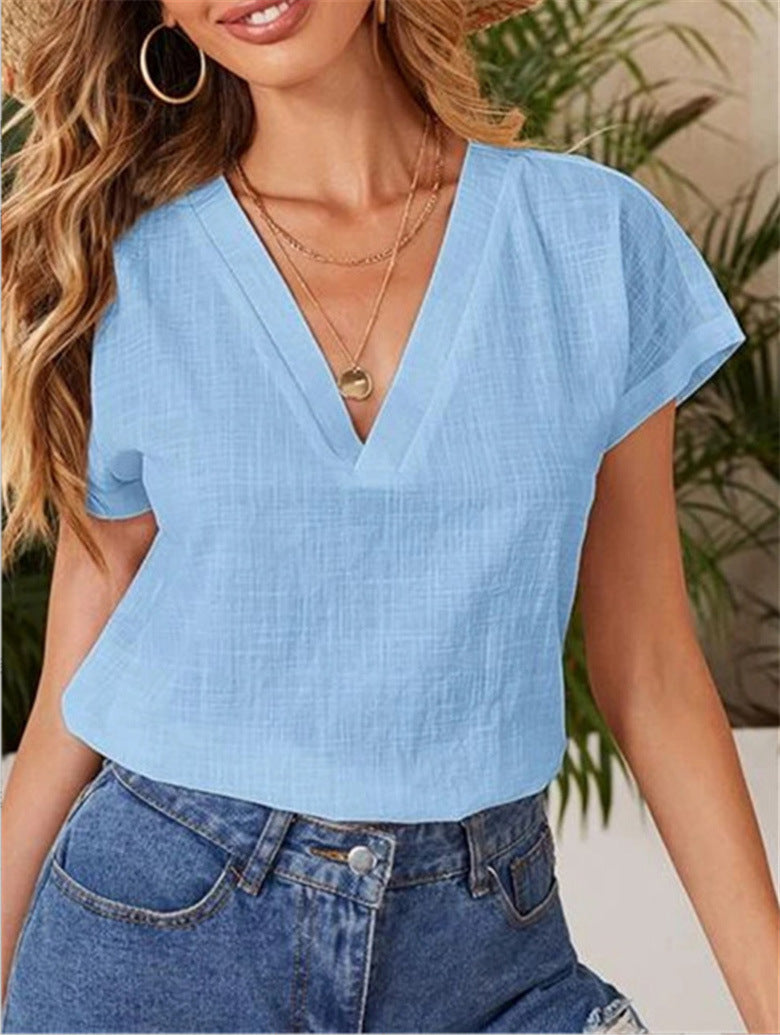 Blusa informal de verano para mujer, de color liso, holgada, de manga corta y cuello en V