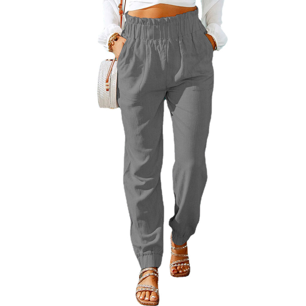 Women Ruffled Elastic Belt Mid Waist Solid Color Casual Jogger Pants