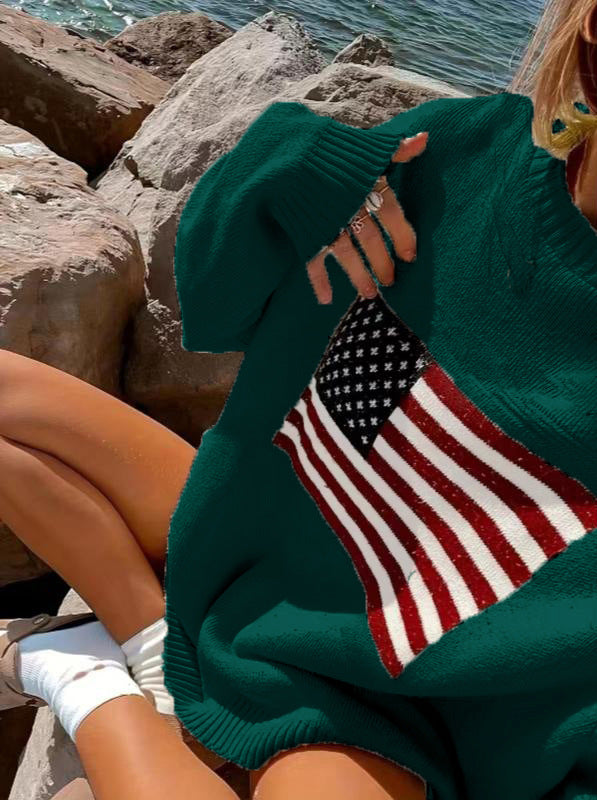 Suéter holgado informal de manga larga con estampado de bandera y estrellas para mujer