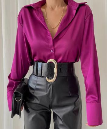 Camisa de manga larga con solapa de color liso informal a la moda para mujer