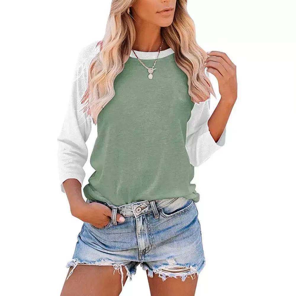 Camiseta informal de manga larga con cuello redondo y contraste de colores para mujer