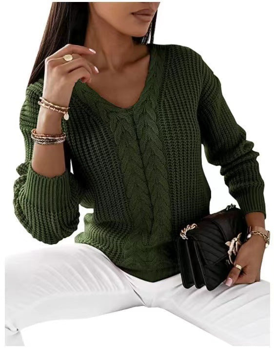 Women Fashion Casual V-Neck Long Sleeve Solid Color Knitted Sweater