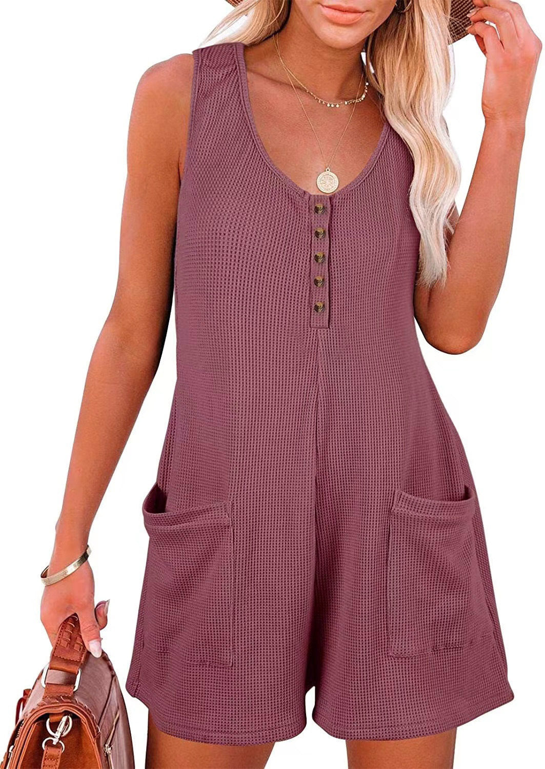 Women Casual Solid Color V-Neck Button Pocket Vest Rompers