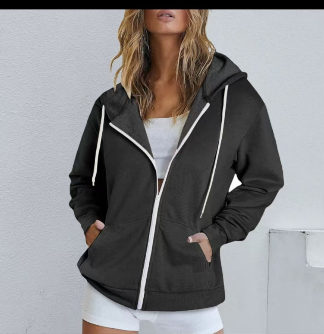Chaqueta con capucha de manga larga con cremallera y cordón de color sólido informal a la moda para mujer