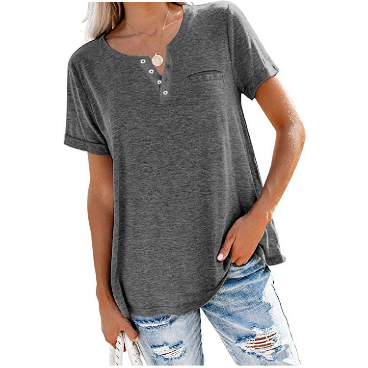 Spring And Summer Women V-Neck Solid Color Casual Women T-Shirt
