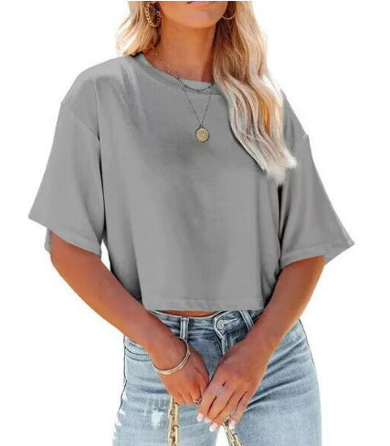 Camiseta básica informal de media manga con estampado de color liso para mujer