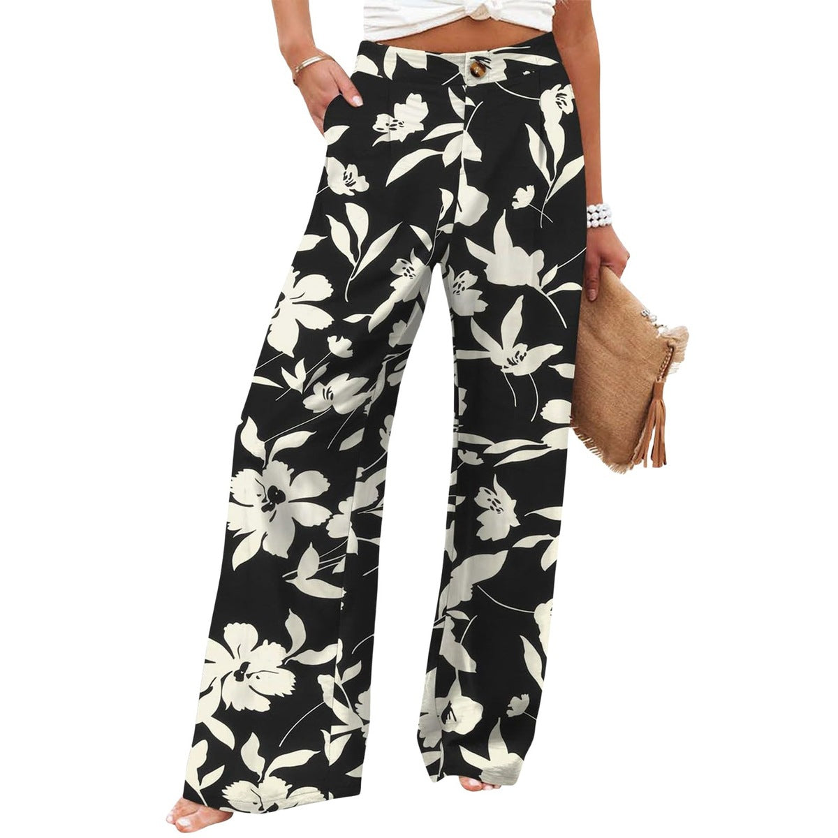 Pantalones anchos con botones y cintura alta con estampado floral a rayas informales para mujer