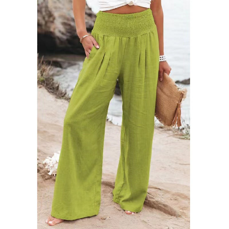 Women Cotton Linen Pockets Solid Loose Casual Wide Leg Long Trousers Pants