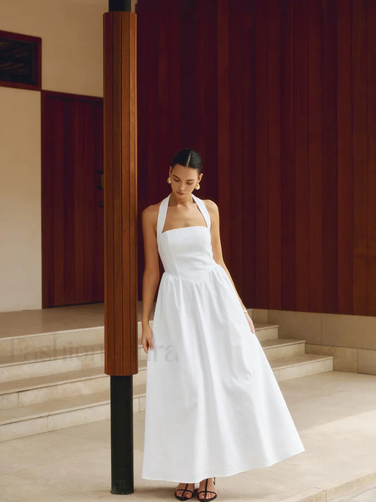 Cotton & Linen Halter Modern A Line Long Dress