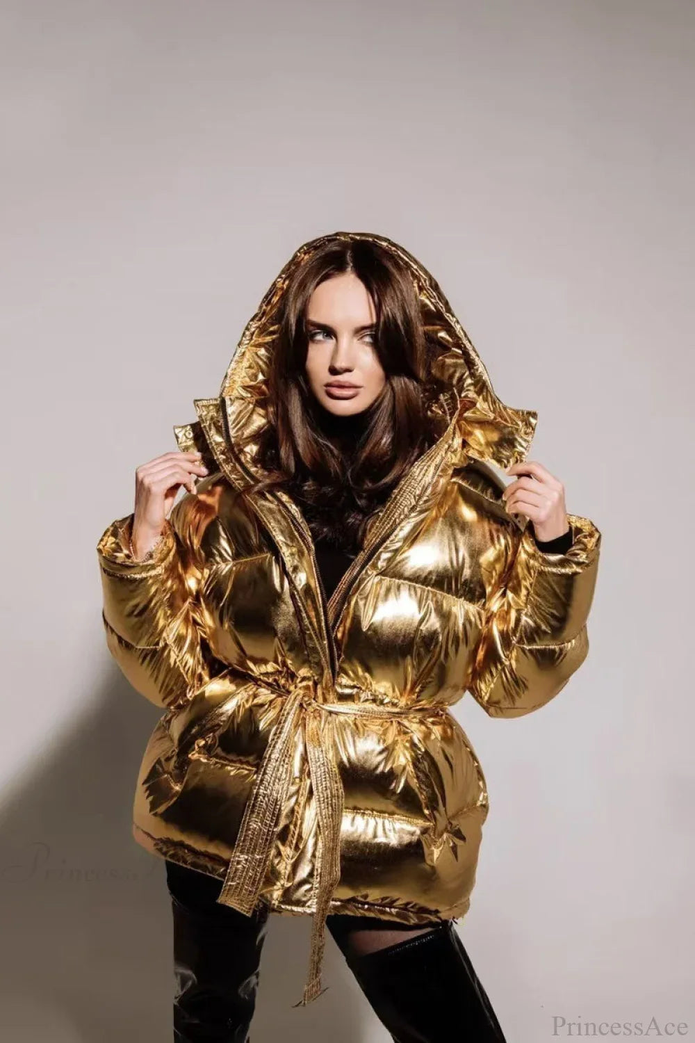 Cotton Padded Metallic Color Belt Pocket Coat