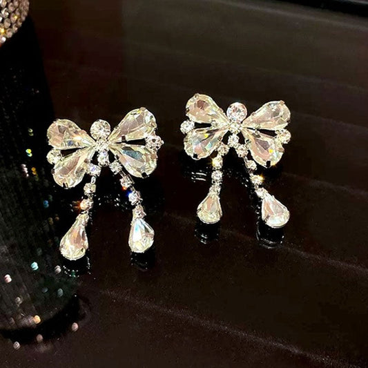 Rhinestone Bow Drop Earrings in Silver