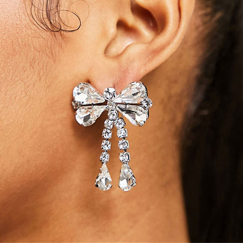 Rhinestone Bow Drop Earrings in Silver