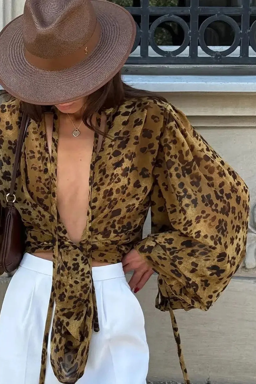 Y2K Leopard Front Tie Blouse