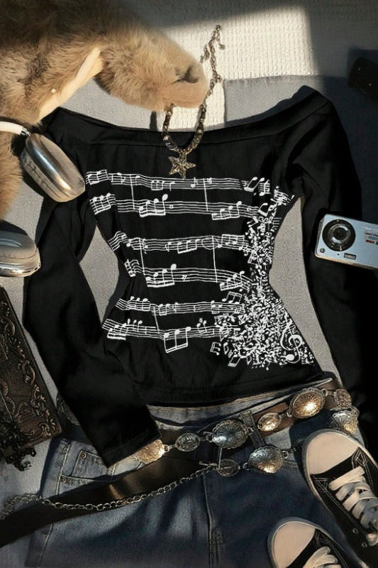 Y2K Note Print Tie Patchwork Long Sleeve Knit Top