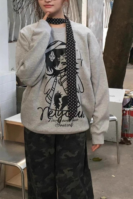 Bandage Angel Print Grey Subculture Loose Sweatshirt