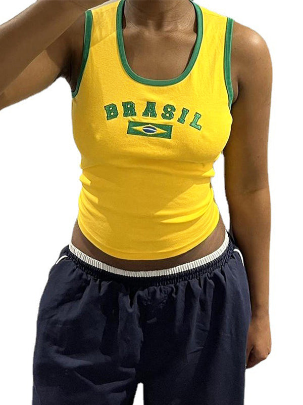 Letter Embroidery Contrast Color U Neck Tank Top