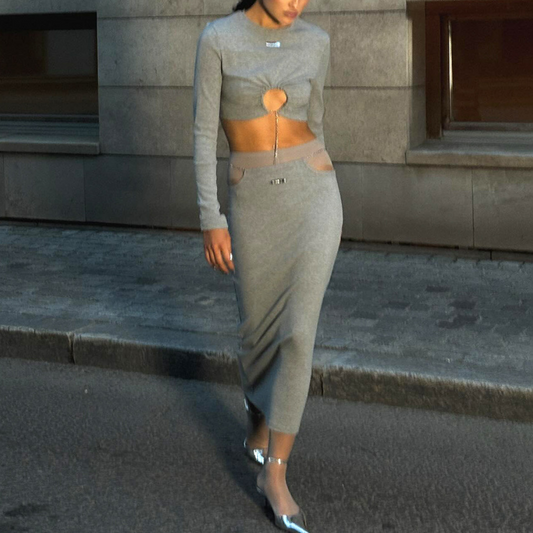 Long sleeve crewneck metal tag maxi skirt set | Festival Outfits Women