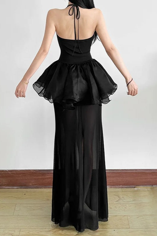 Goth Dark Halter Mesh Stitch Hem Backless Maxi Dress