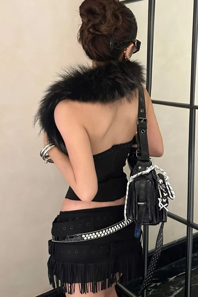 Furry Patchwork Halter Backless Corset