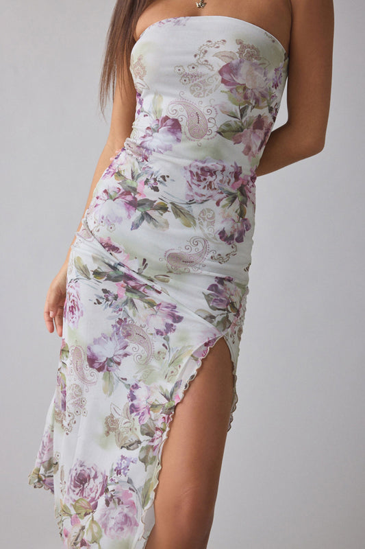 Mesh Tie-dye Slit Strapless Maxi Dress