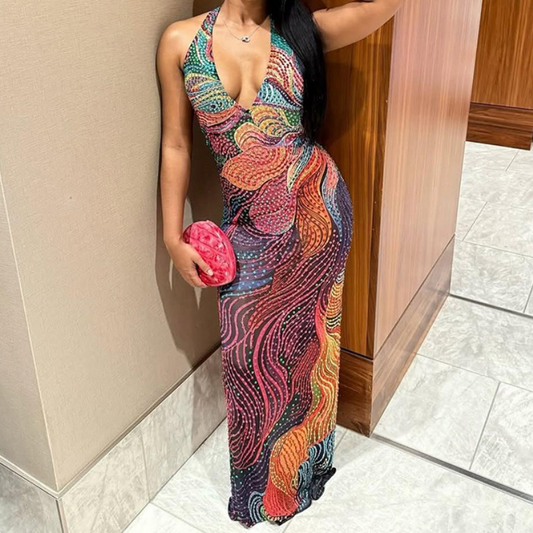 Halter v neck print contrast backless maxi dress | Festival Outfits Women