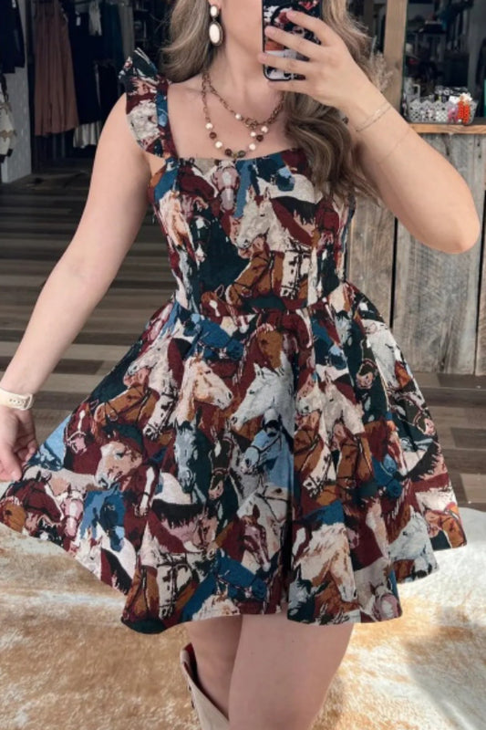 Fashionable Horse Print Square Neck Sleeveless Elegant Slim-fit Mini Dress