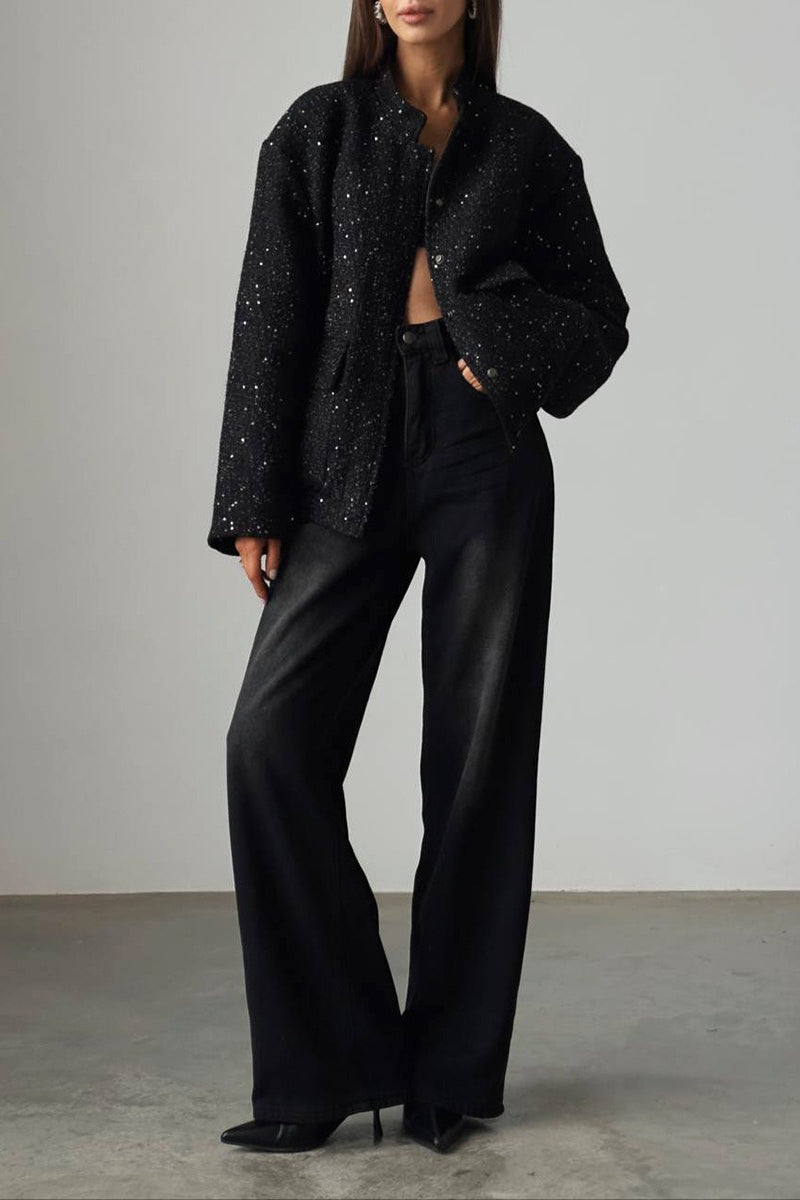 Metallic Sequined Stand Collar Coat