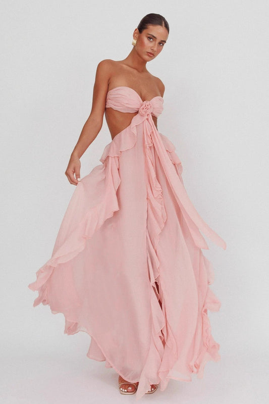 Backless Lace Up Ruffle Strapless Maxi Prom Dress