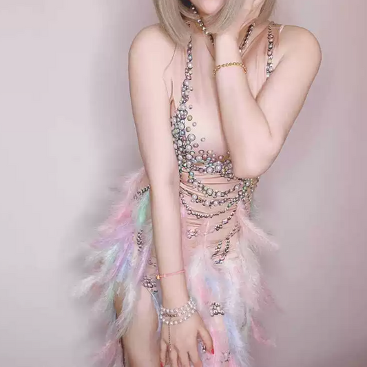 Feather irregular round neck zip-up print midi dress | Festival Outfits Women