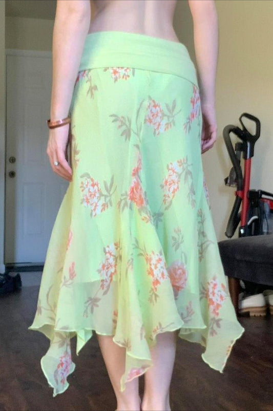 Floral Ruffle Asymmetric Sheer Mesh Vacation Maxi Skirt