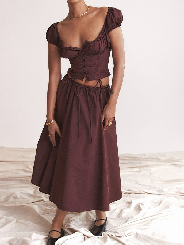 Solid Drawstring Puff Sleeve Cropped Tee & Midi Skirt Set