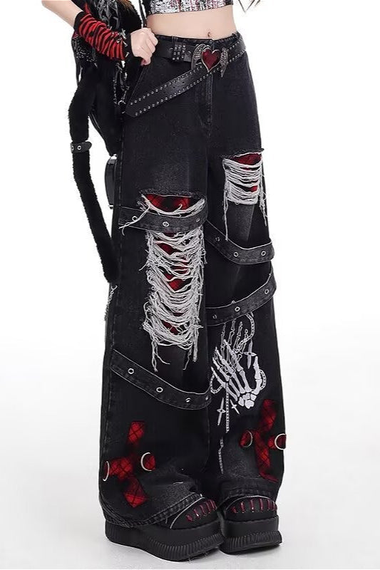 Y2K Distressed High Waist Straight Pants