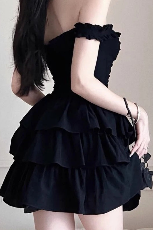 Black Off Shoulder Fringed Suspender Mini Dress