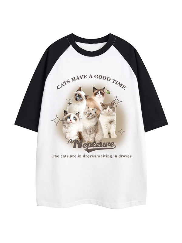 Vintage Cat Print Raglan Oversized Short Sleeve Tee