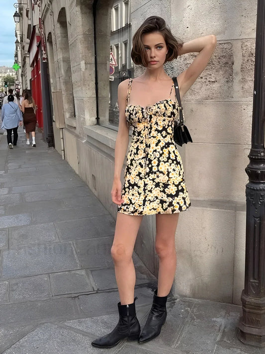 Daisy Printed Graceful Floral Short Dress
