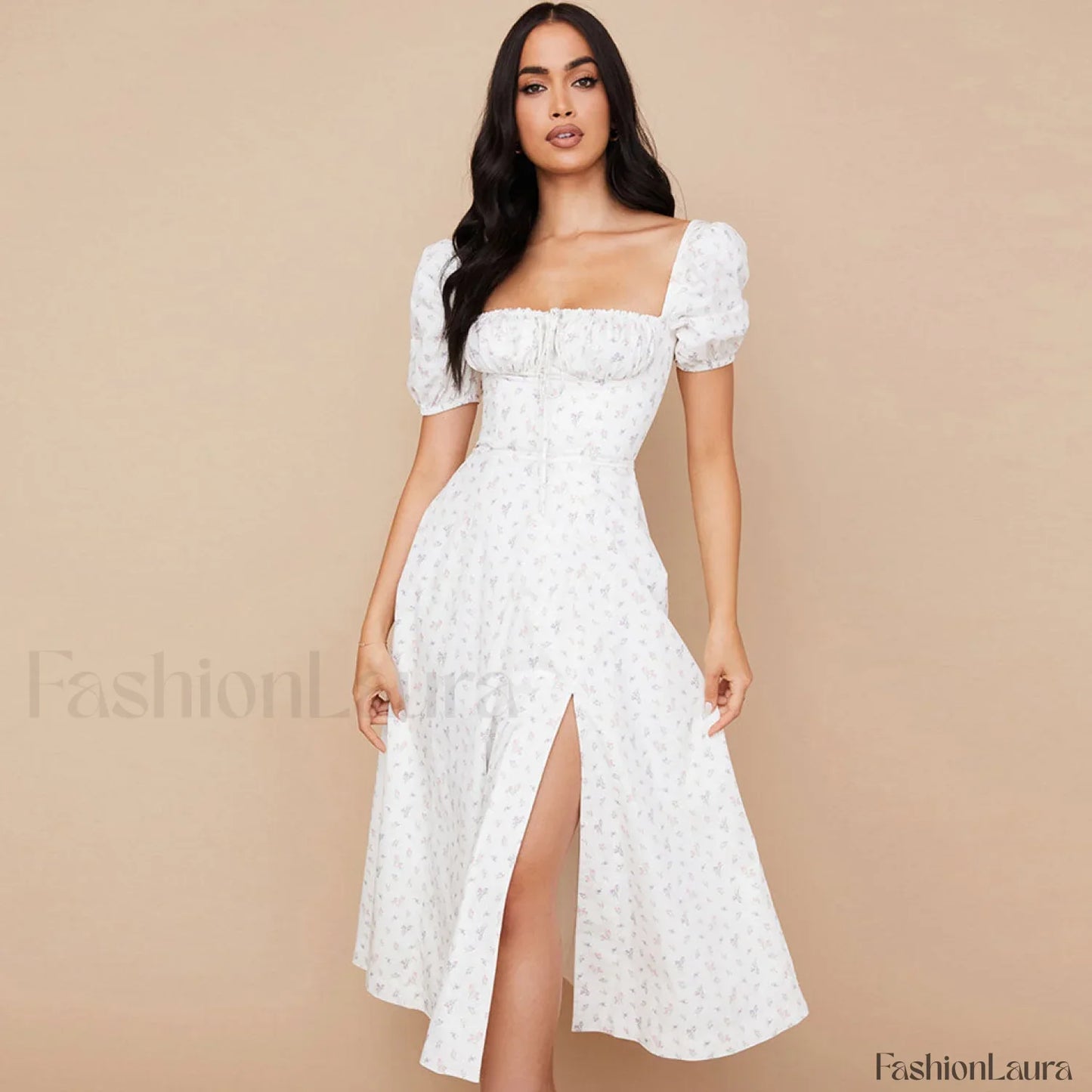 Daisy Printed Puff Sleeve High Slit Smock Maxi Sundress - White