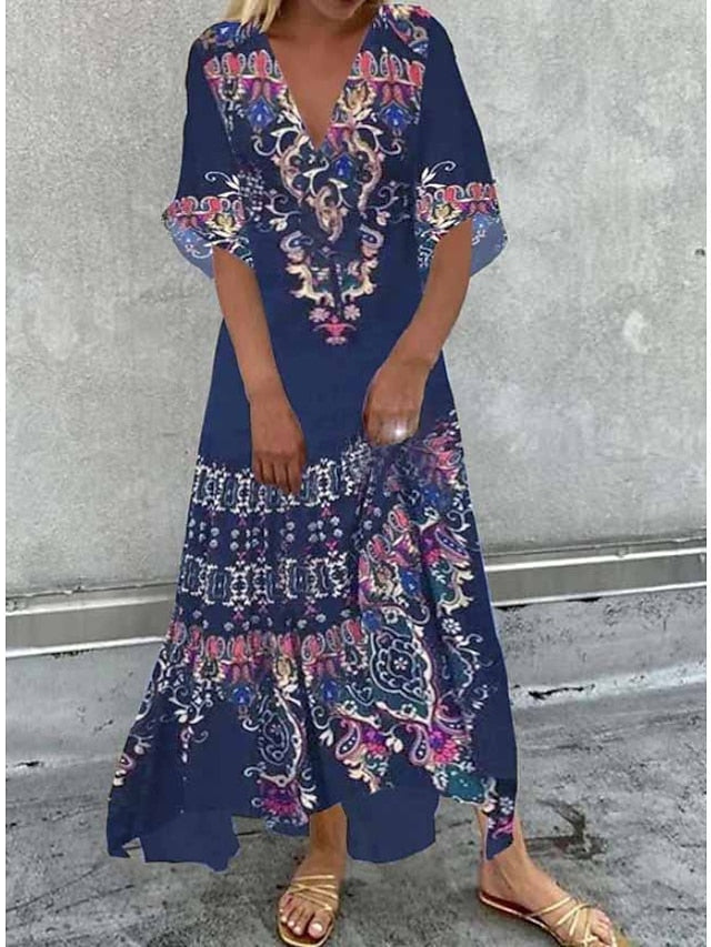 A Line Dress Maxi long Dress Black Short Sleeve Print Color Block Ruched Ethnic Tribal Print Spring Summer V Neck Stylish Modern S-3XL for Women