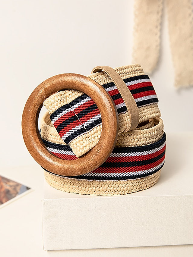 Belt Straw Rainbow Waist Belt Daily Date Stripe for Women