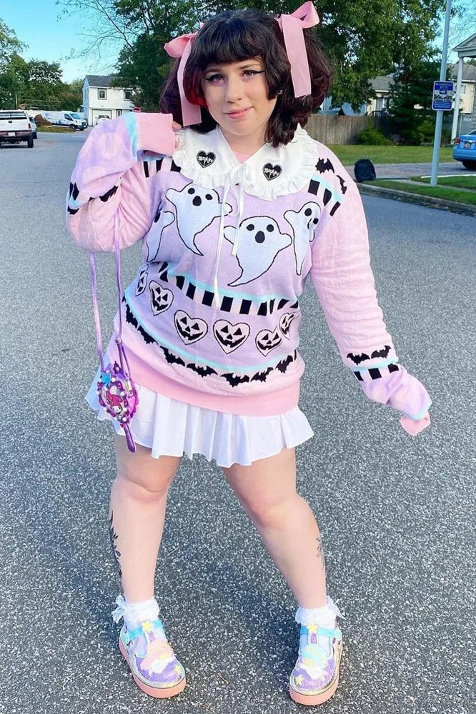 Yangelo Pink Kawaii Gothic Ghost Bat Grunge Knit Sweater