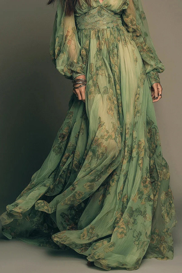 Botanical Print V-neck Long-sleeved Fitted Waist Casual Maxi Dress